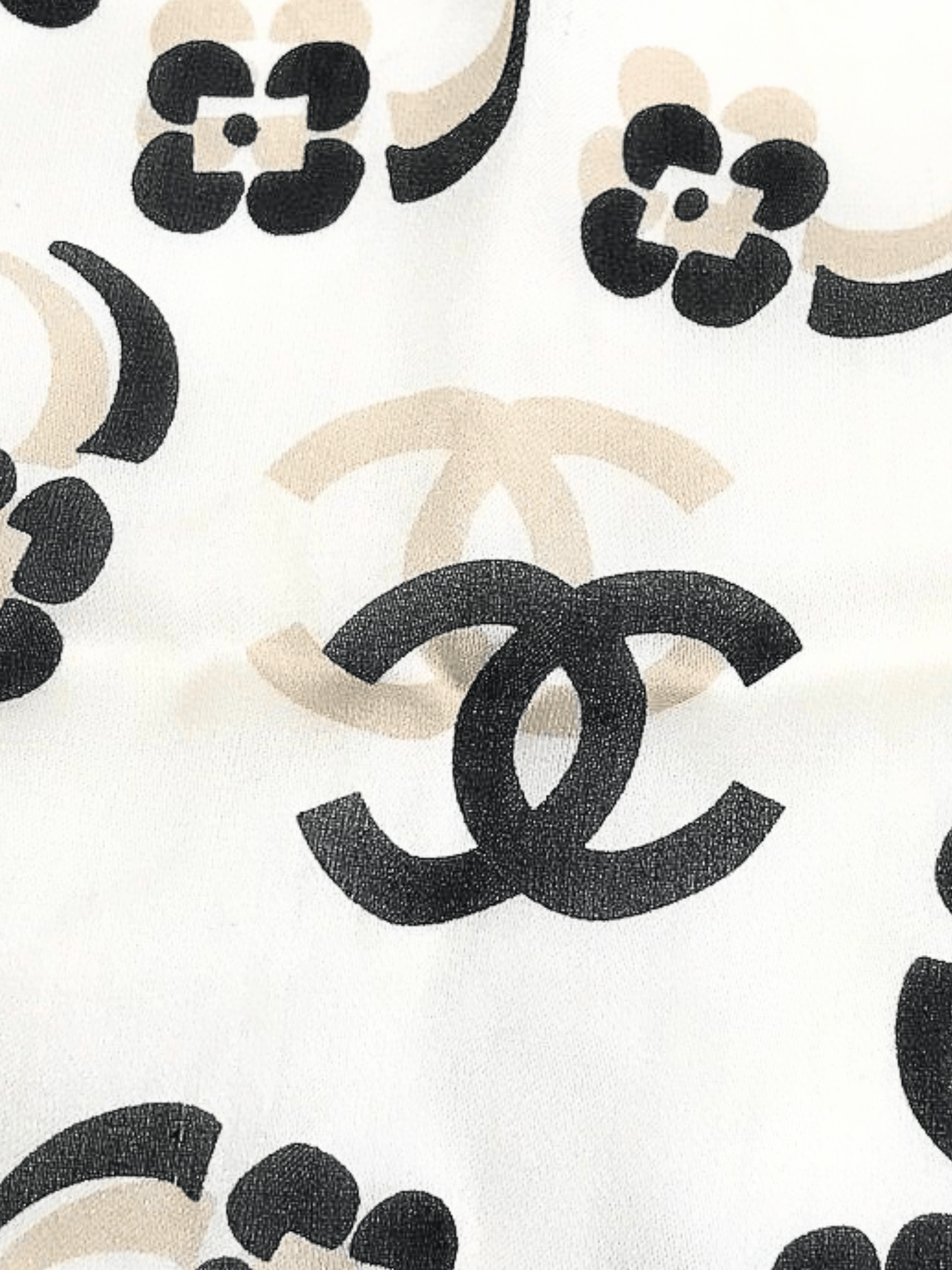 Chanel 2000s Beige Floral Print CC Silk Scarf