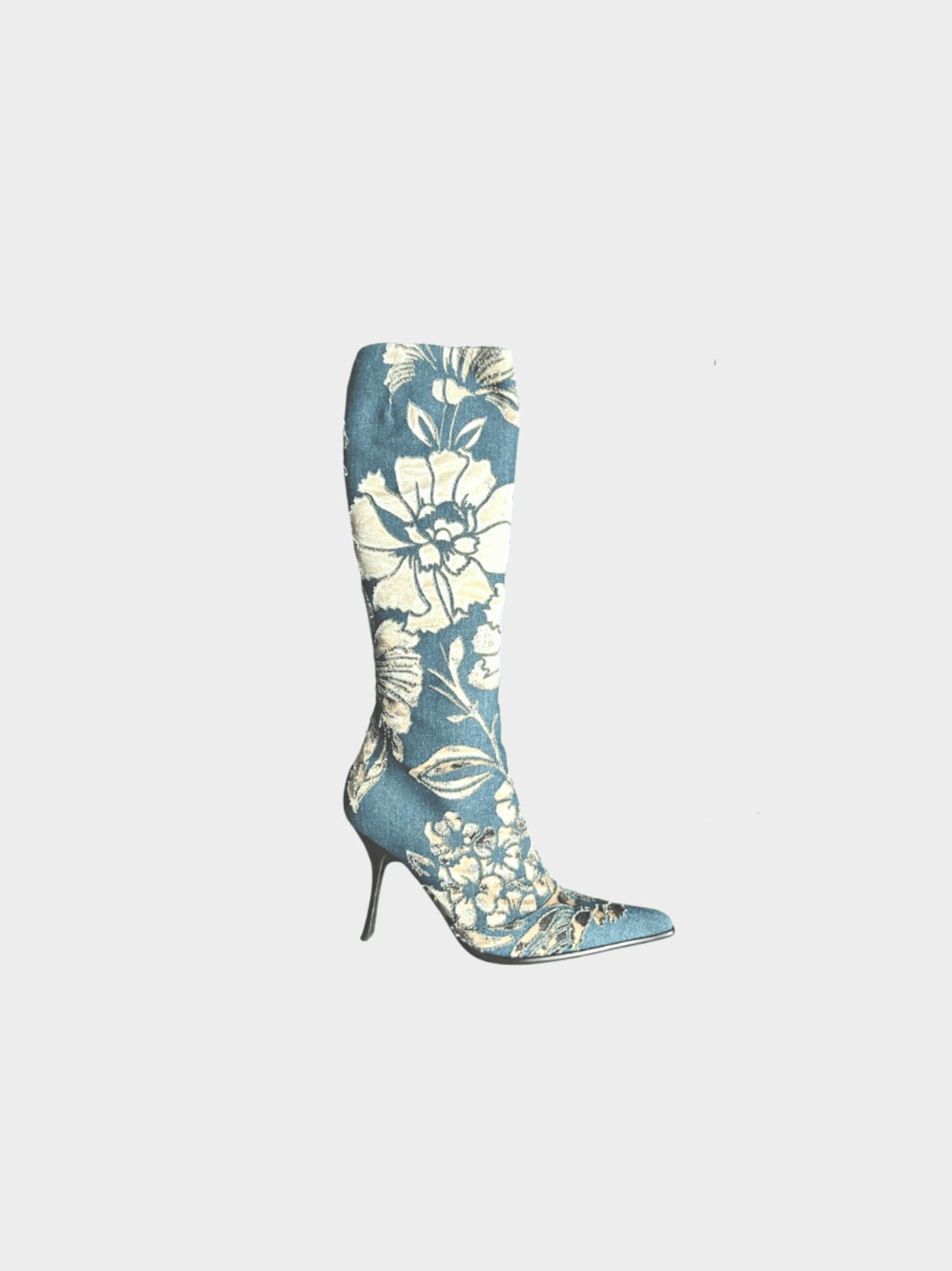 Roberto Cavalli SS 2002 Blue Floral Laser-Cut Denim Leopard Boots