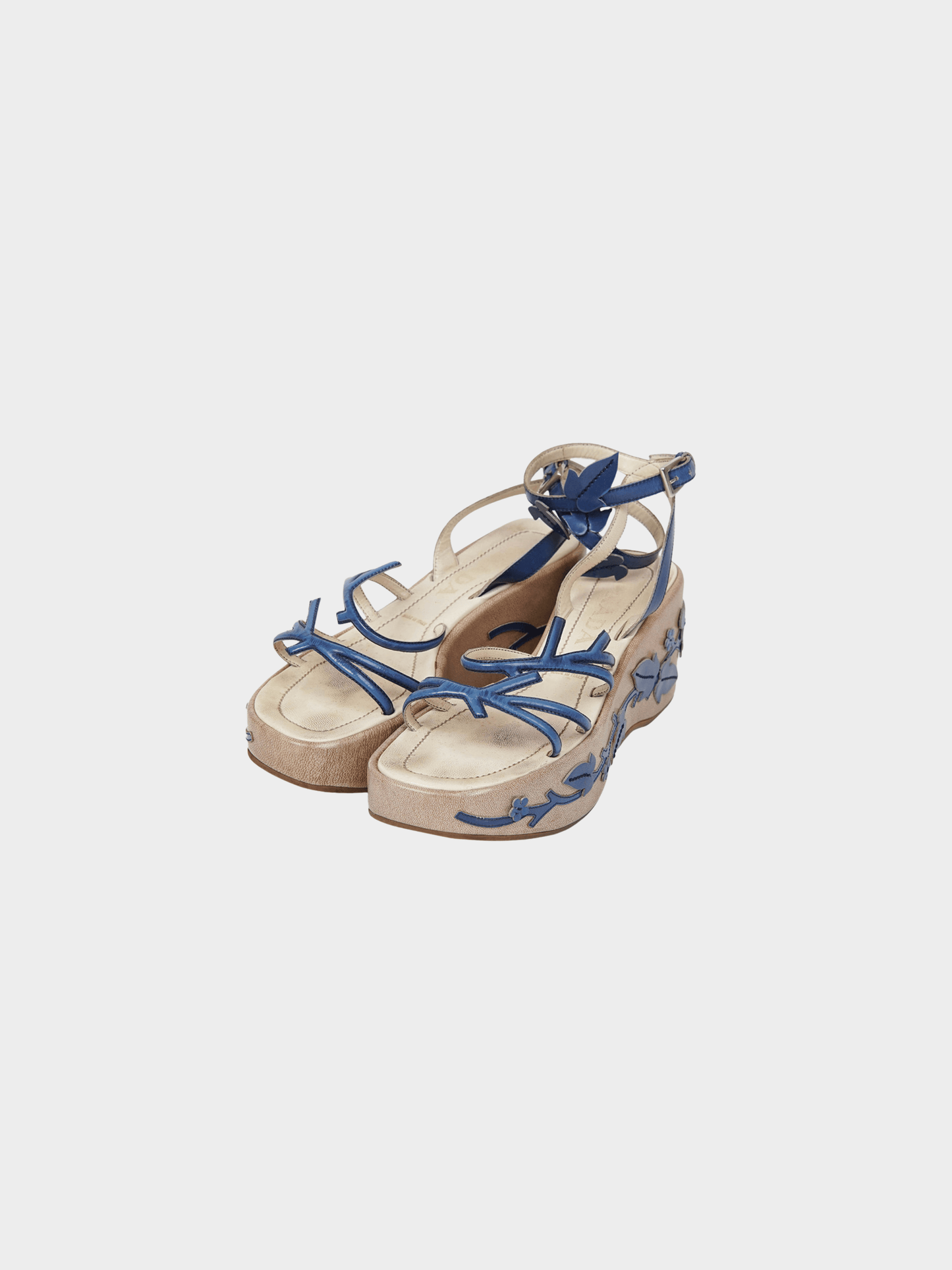 Prada SS 1997 Beige and Navy Vine Leaf Platform Sandals