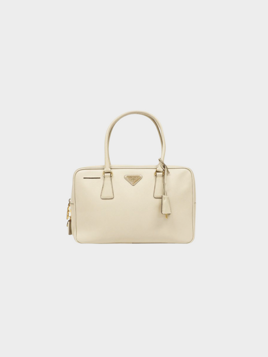 Prada 2010s White Saffiano Triangle Logo Leather Bag