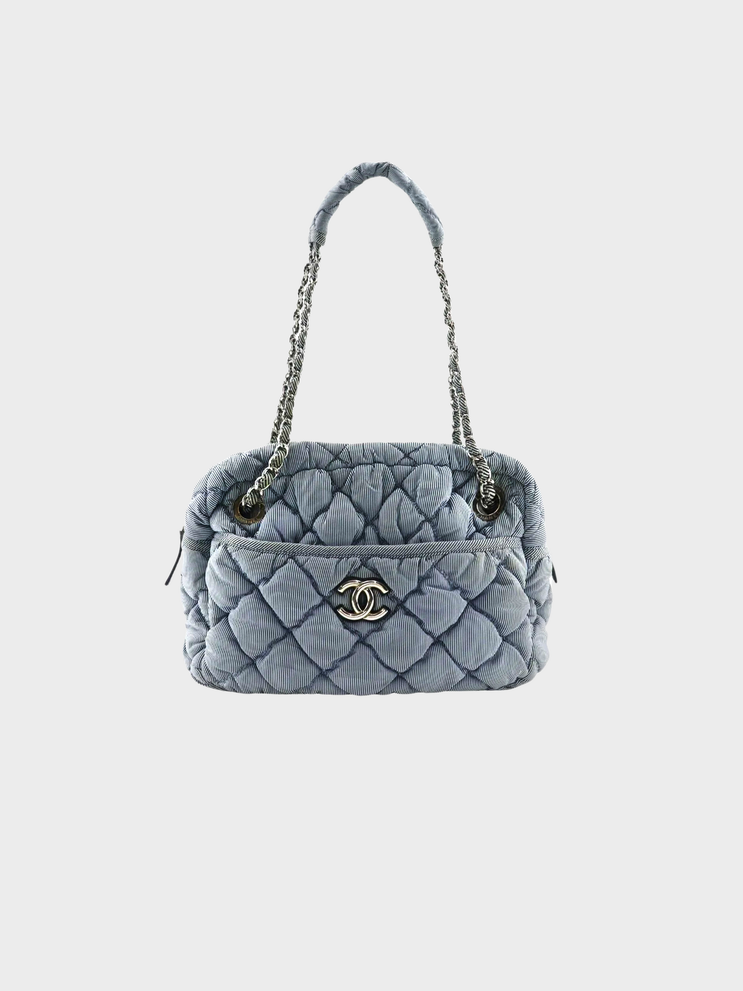 Chanel 2009 Grey Striped Nylon Quilt Chain Shoulder Bag