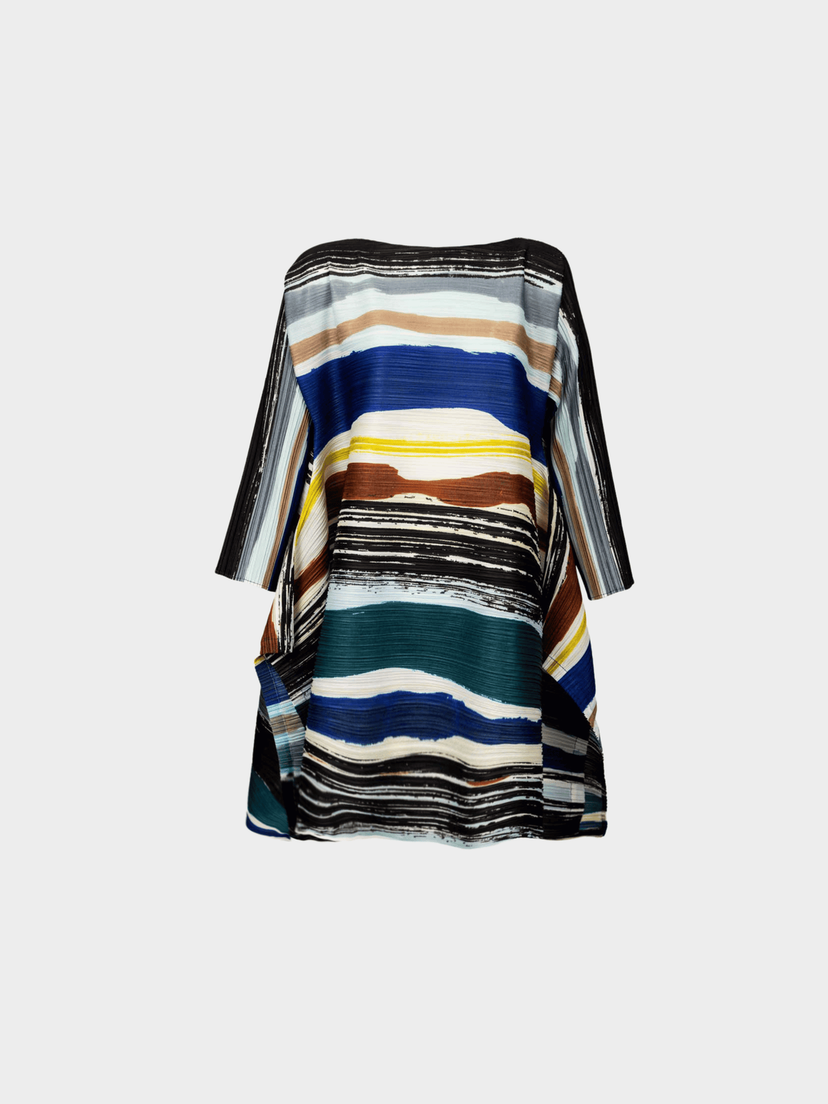 Issey Miyake 2000s Pleats Please Abstract Multicolor Striped Sculptural Pleated Mini Dress