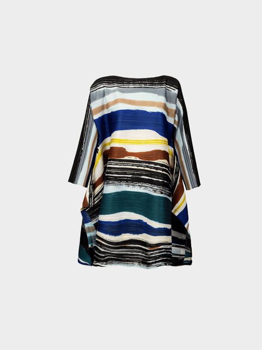 Issey Miyake 2000s Pleats Please Abstract Multicolor Striped Sculptural Pleated Mini Dress
