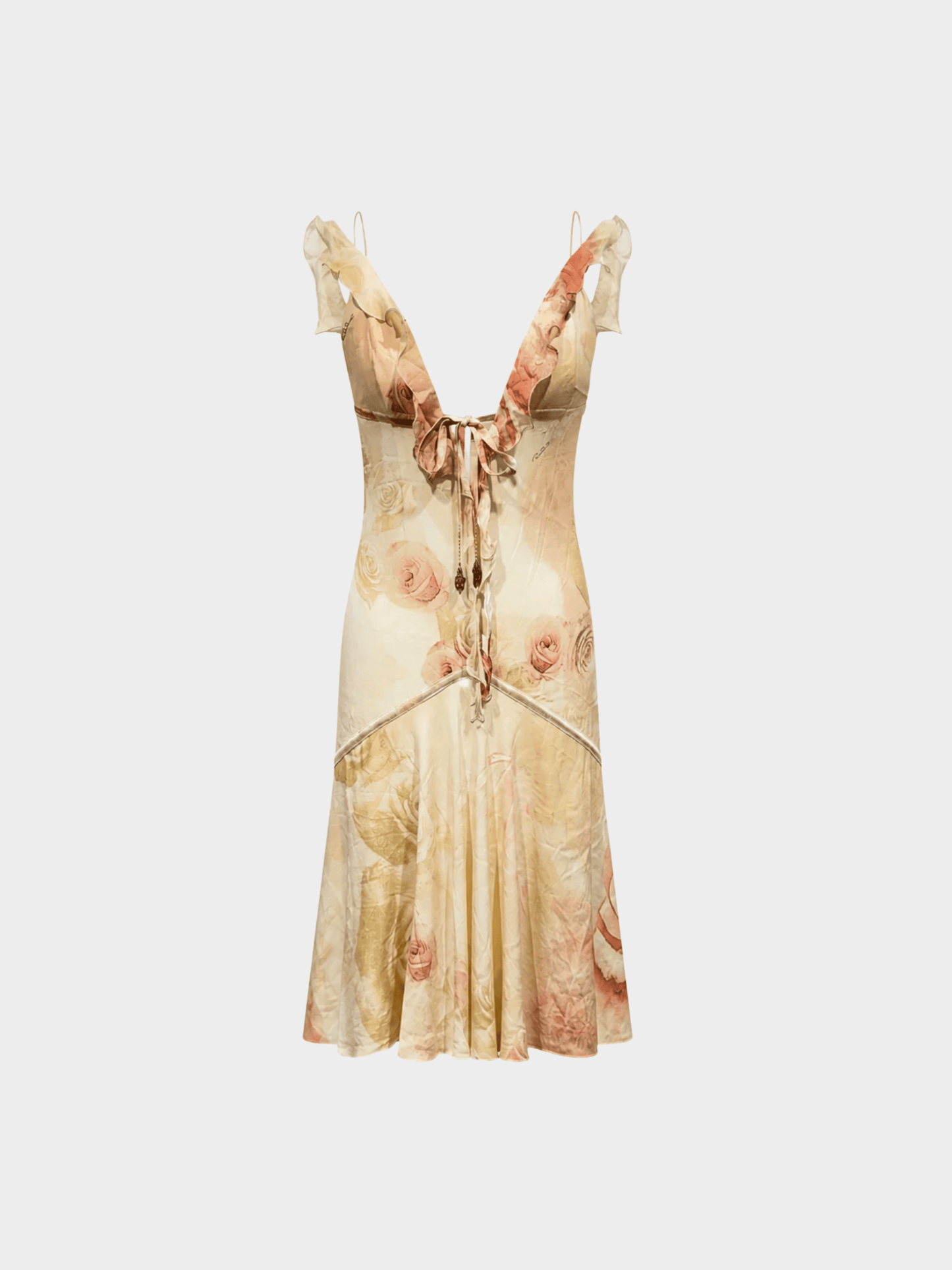 Roberto Cavalli SS 2004 Beige Floral Print Ruffled Bias-Cut Dress
