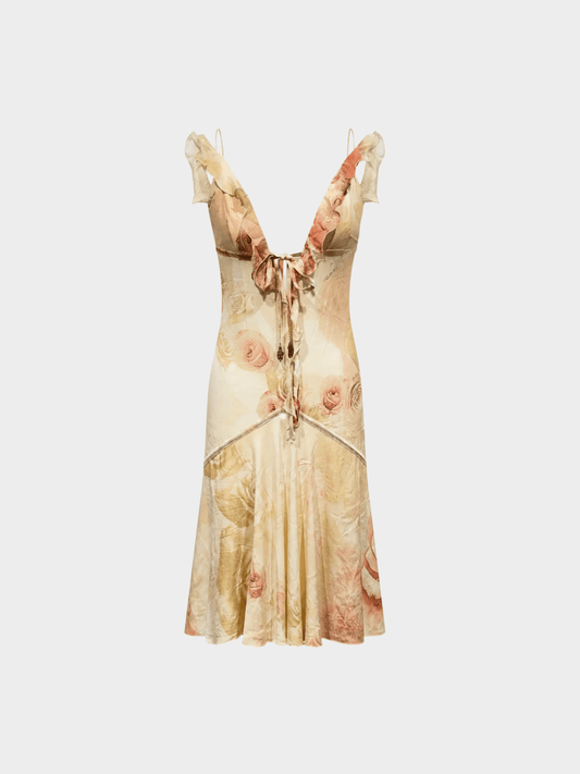 Roberto Cavalli SS 2004 Beige Floral Print Ruffled Bias-Cut Dress