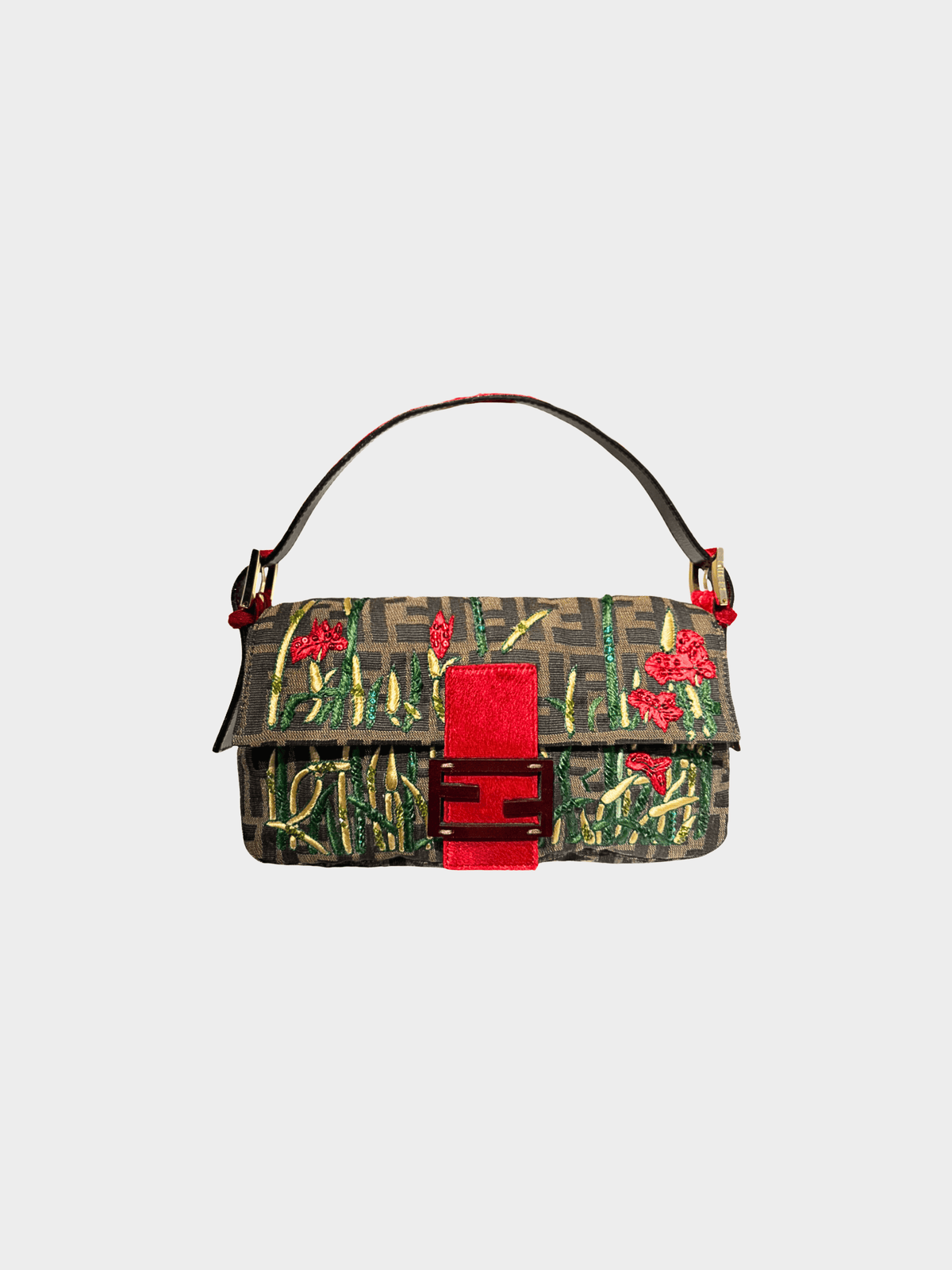 Fendi 2000s Brown Floral Embroidered Baguette Bg