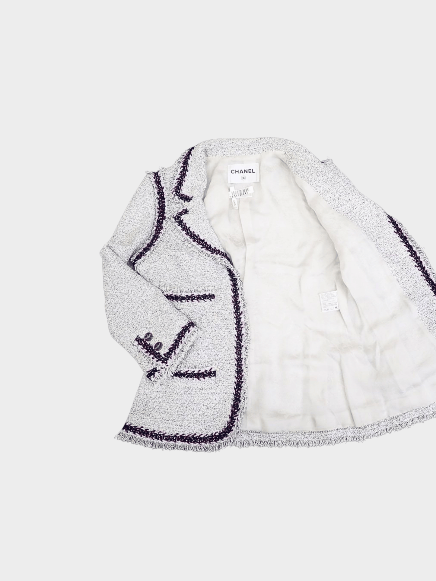 Chanel 2008 Light Grey Tweed and Contrast Navy and Red Tweed Trim Jacket