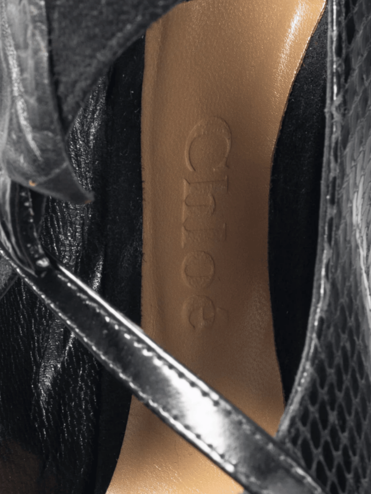 Chloe AW 2008 Runway Black Snake-Embossed, Suede & Leaf-Applique Heels