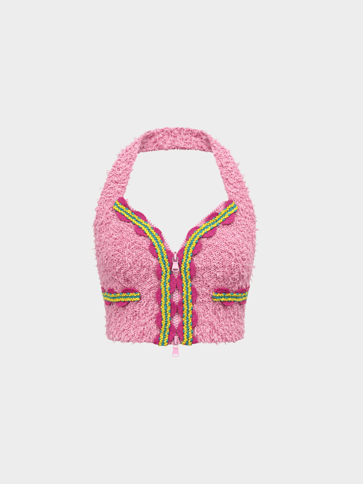 Moschino SS 2015 by Jeremy Scott Pink Bouclé Halter Zip Top