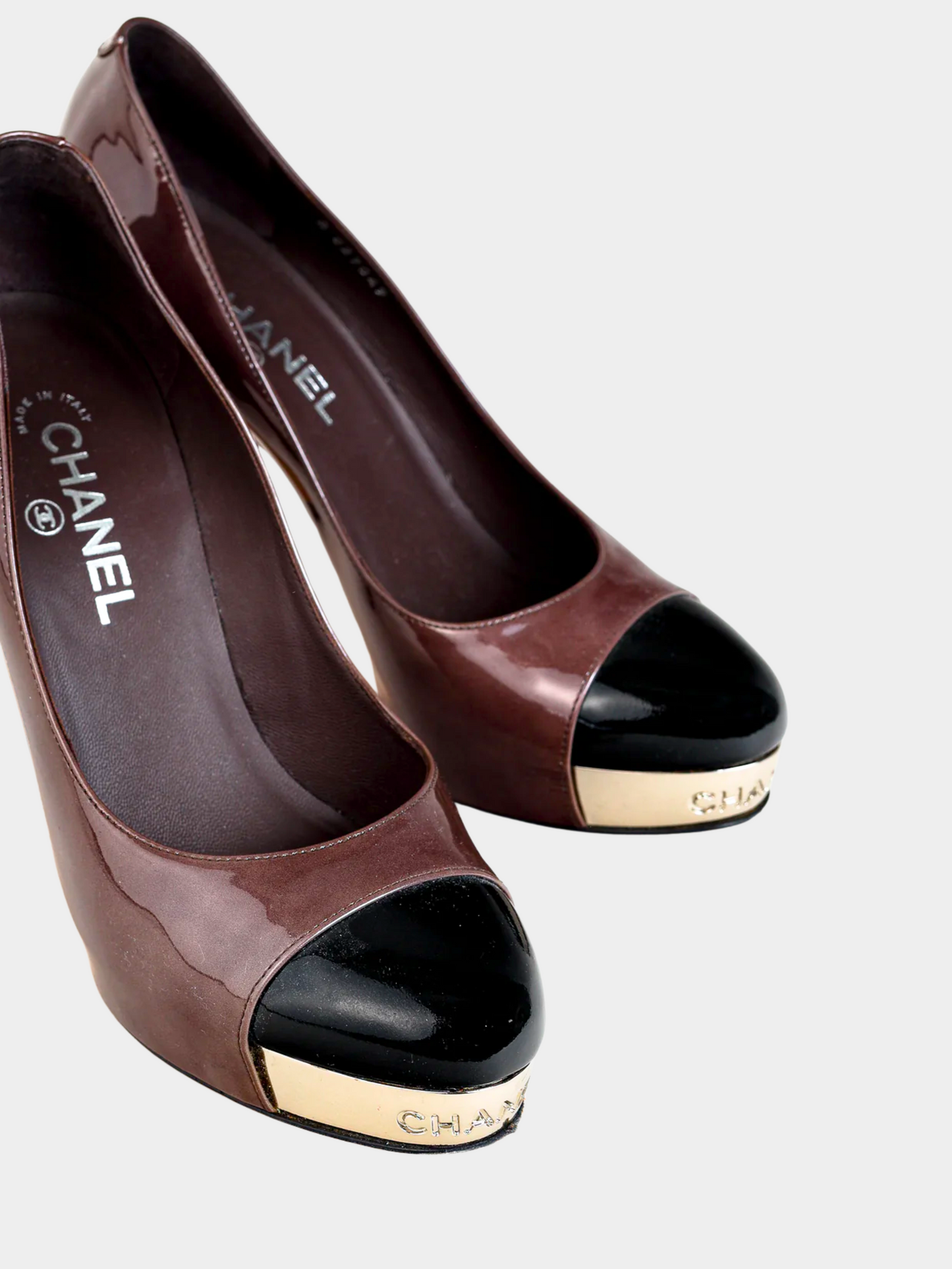Chanel 2000s Brown Patent Leather Mirror Platform Pumps