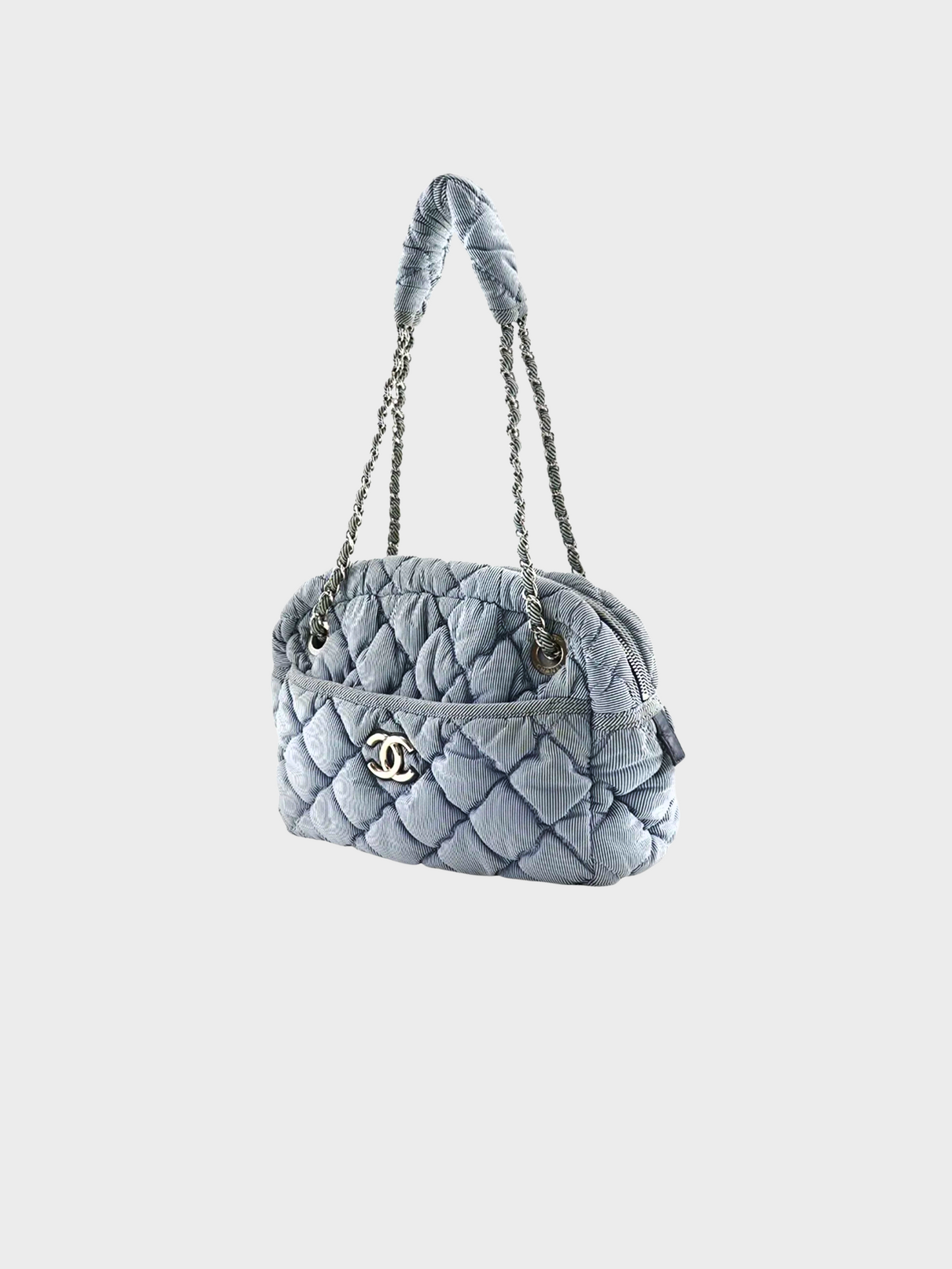Chanel 2009 Grey Striped Nylon Quilt Chain Shoulder Bag