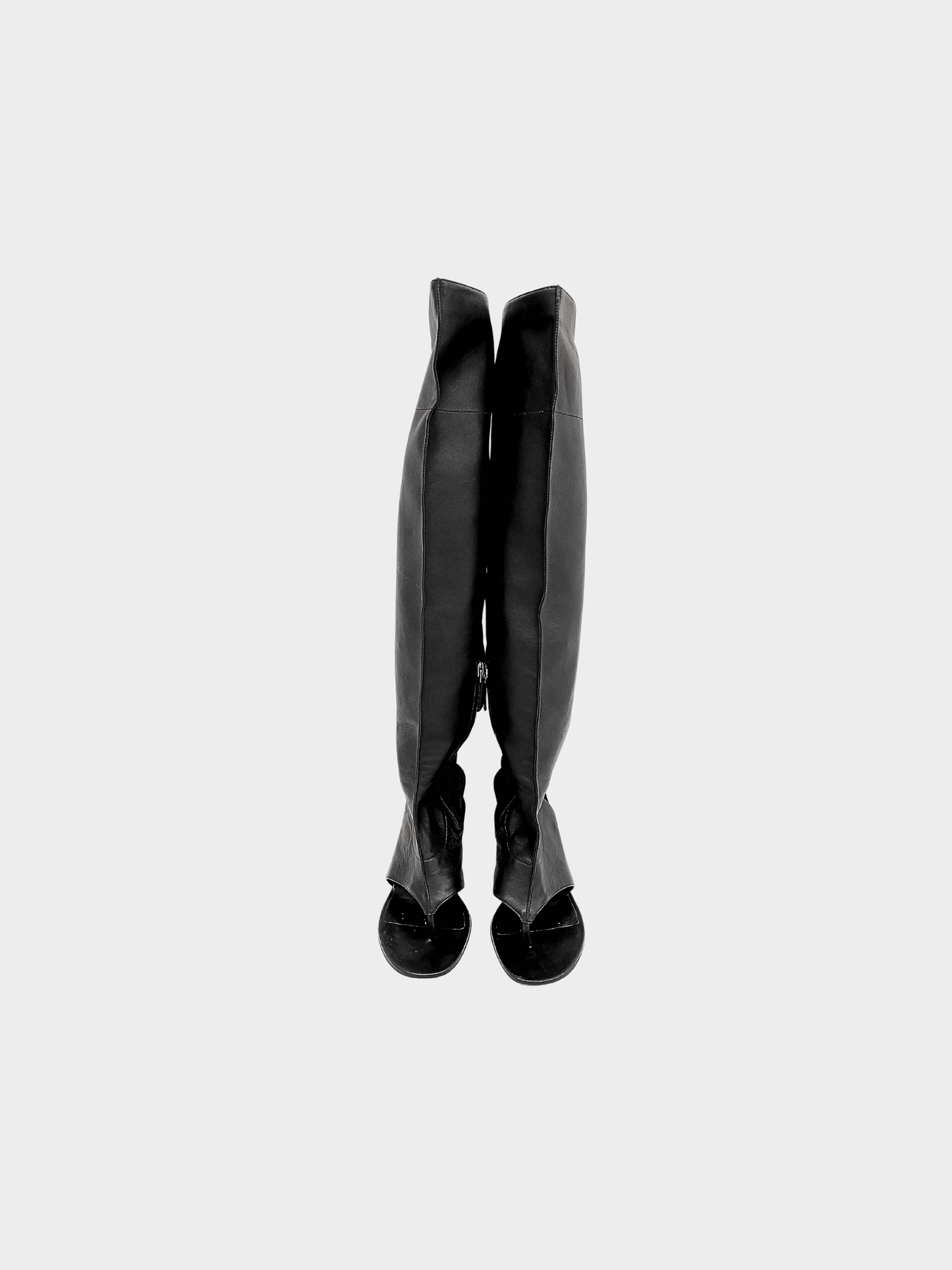 Chanel 2012 Runway Black Leather Knee High Thong Strap Boots