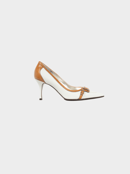 Dolce and Gabbana 2000s White and Cognac Logo-Plate Pumps