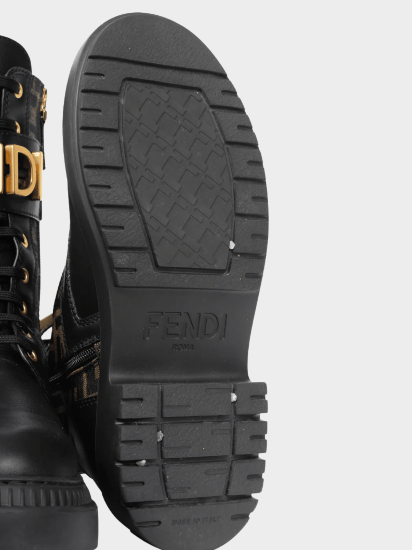 Fendi 2020s Fendigraphy Black Leather and Brown FF Pattern Combat Boots