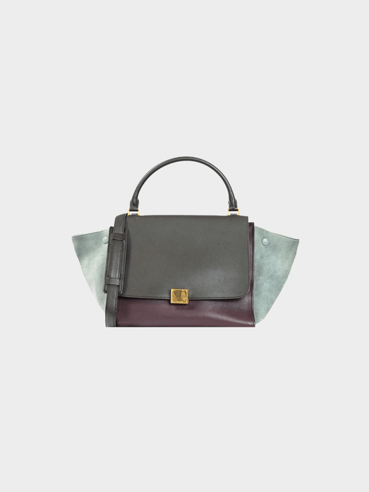 Celine 2010s Trapeze Medium Brown, Burgundy & Grey Leather & Suede Tote