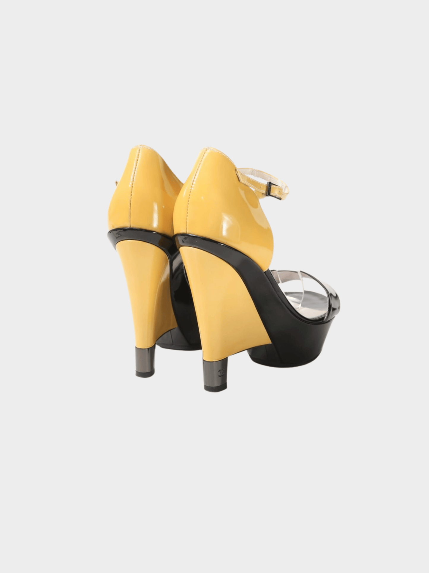 Chanel 2000s Black and Beige Patent Leather Platform Wedges