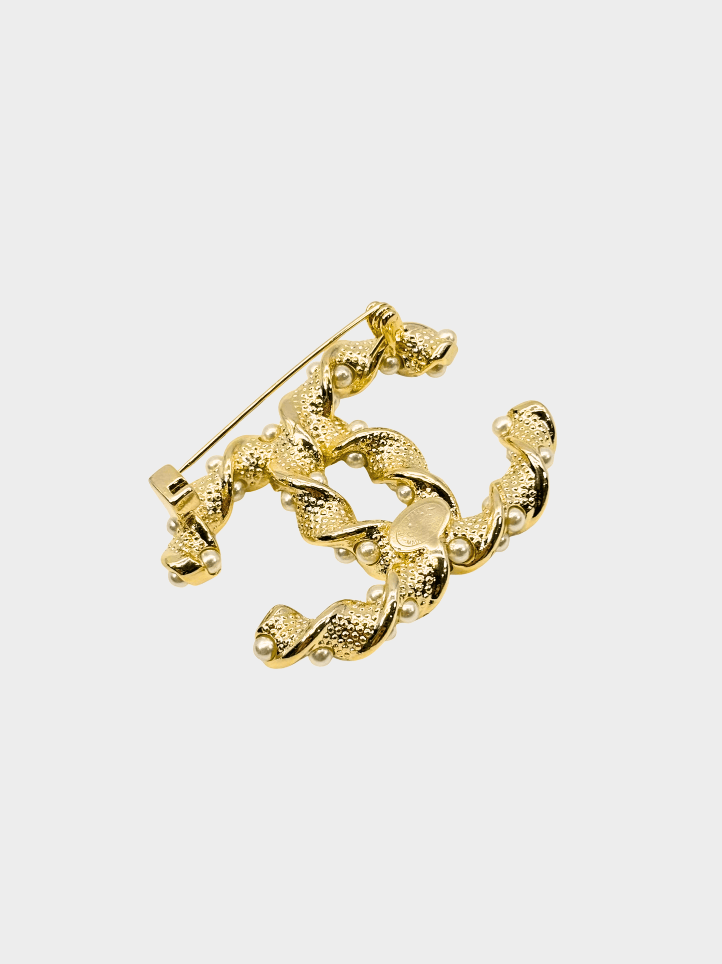 Chanel 2000s Gold Metal Pearl CC Brooch