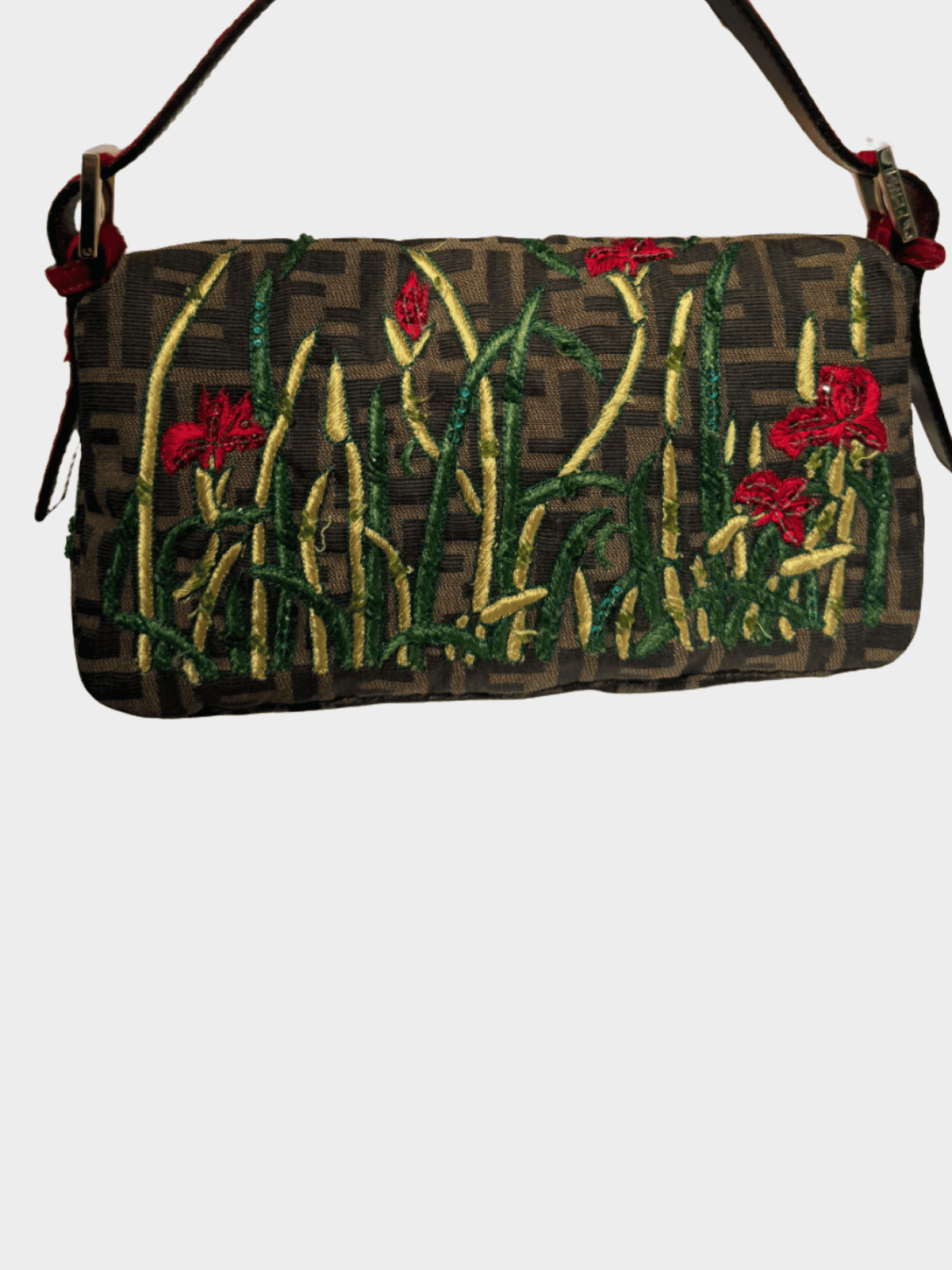 Fendi 2000s Brown Floral Embroidered Baguette Bg