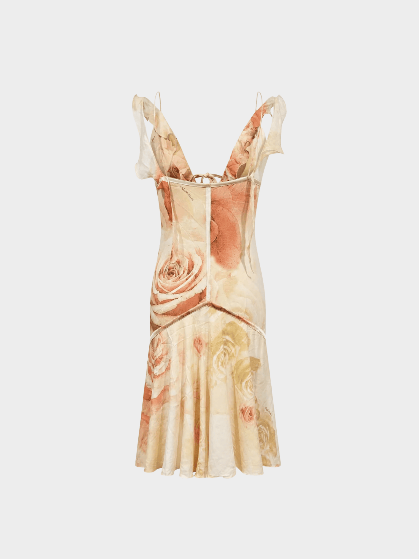 Roberto Cavalli SS 2004 Beige Floral Print Ruffled Bias-Cut Dress