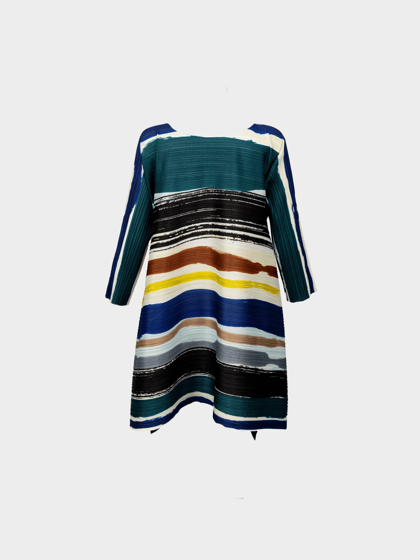 Issey Miyake 2000s Pleats Please Abstract Multicolor Striped Sculptural Pleated Mini Dress