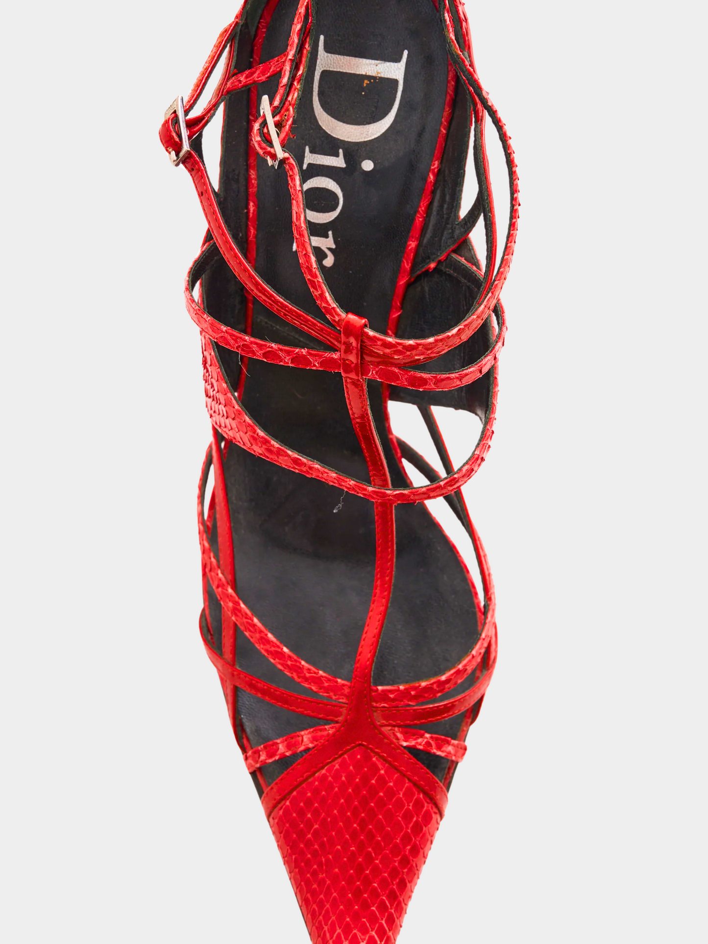 Christian Dior by John Galliano Early 2000s Red Python Strappy Pointed Toe Pumps