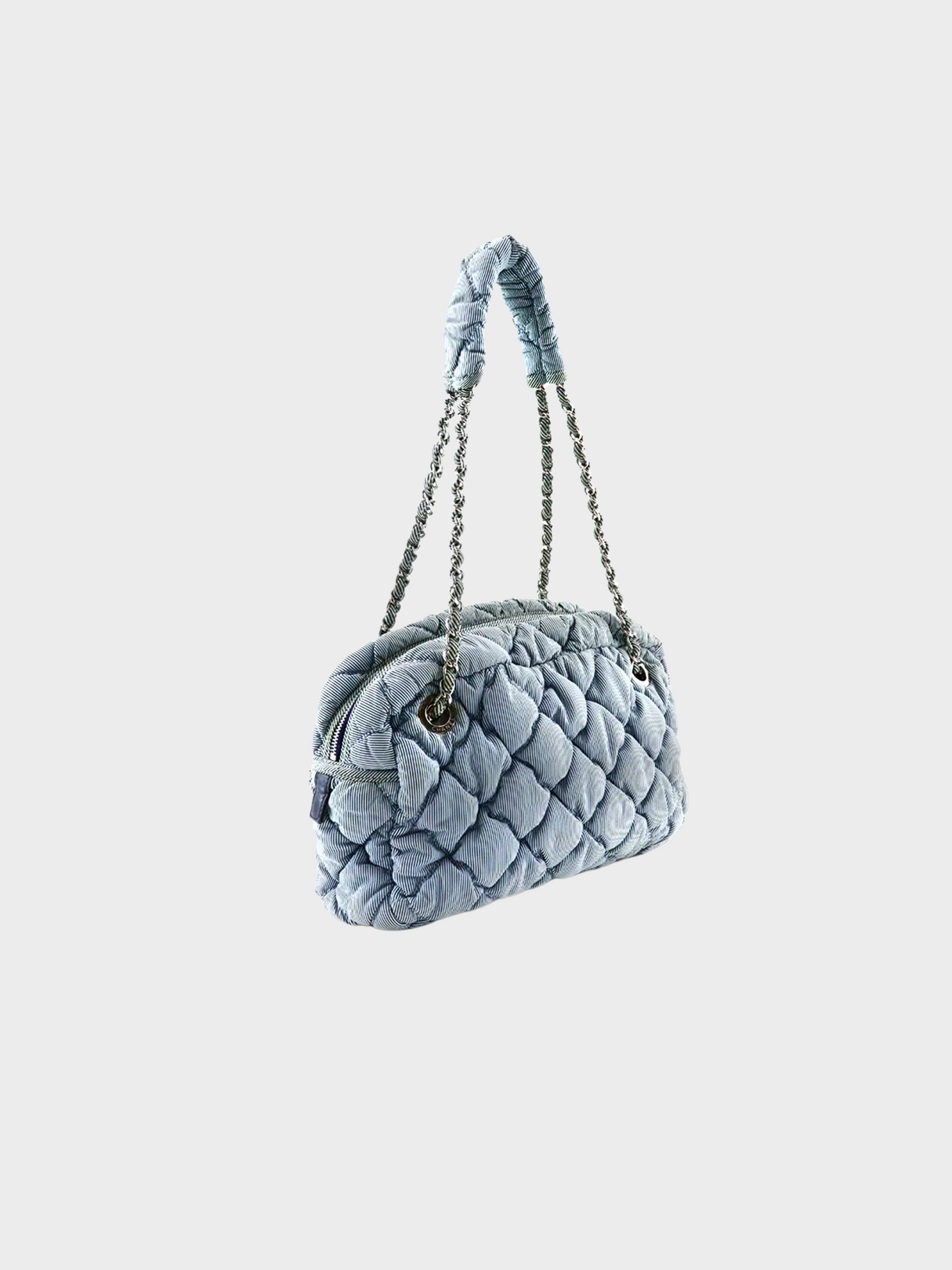 Chanel 2009 Grey Striped Nylon Quilt Chain Shoulder Bag