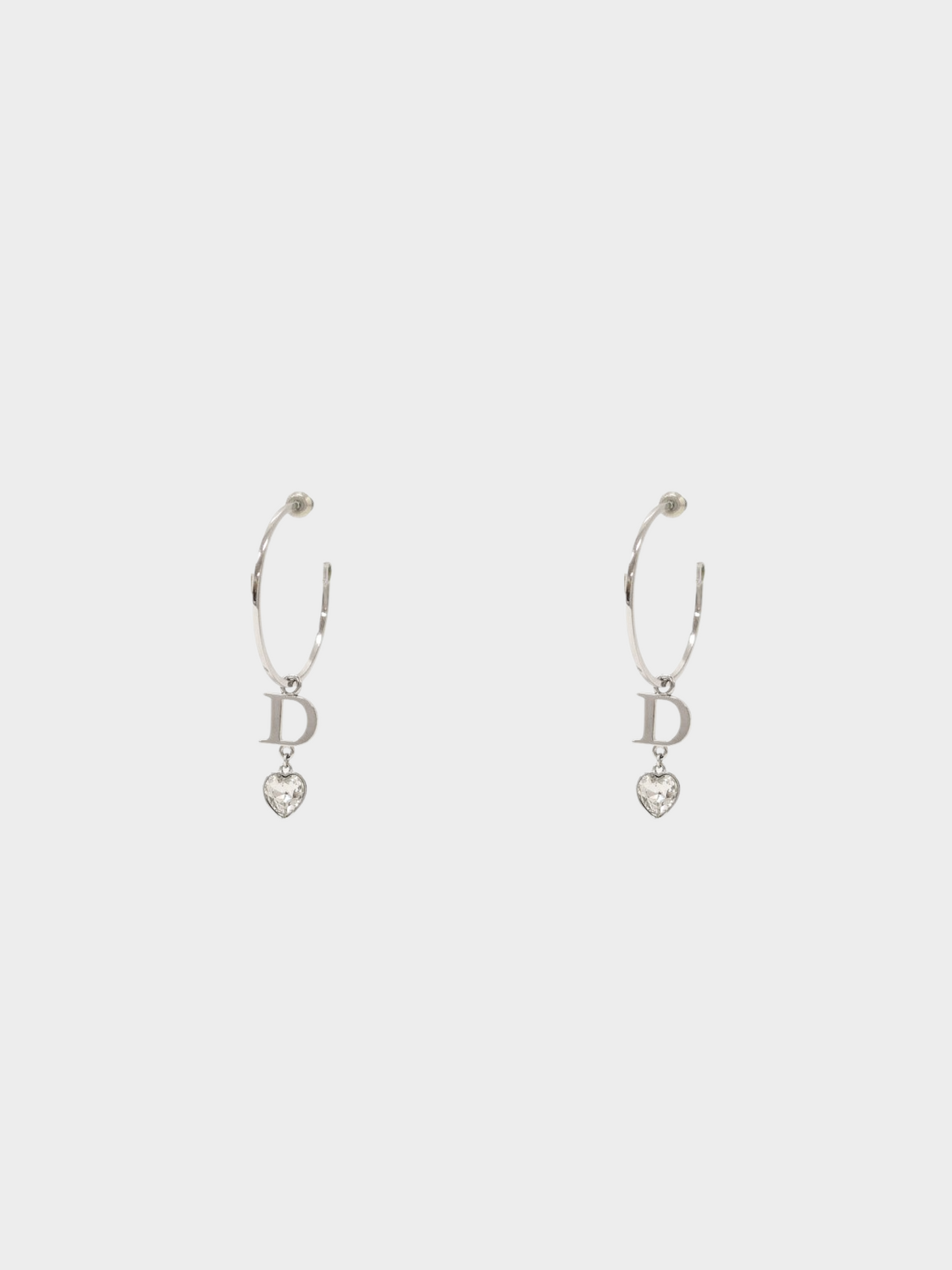 Christian Dior 2010s Silver Heart Rhinestone Hoop Earrings