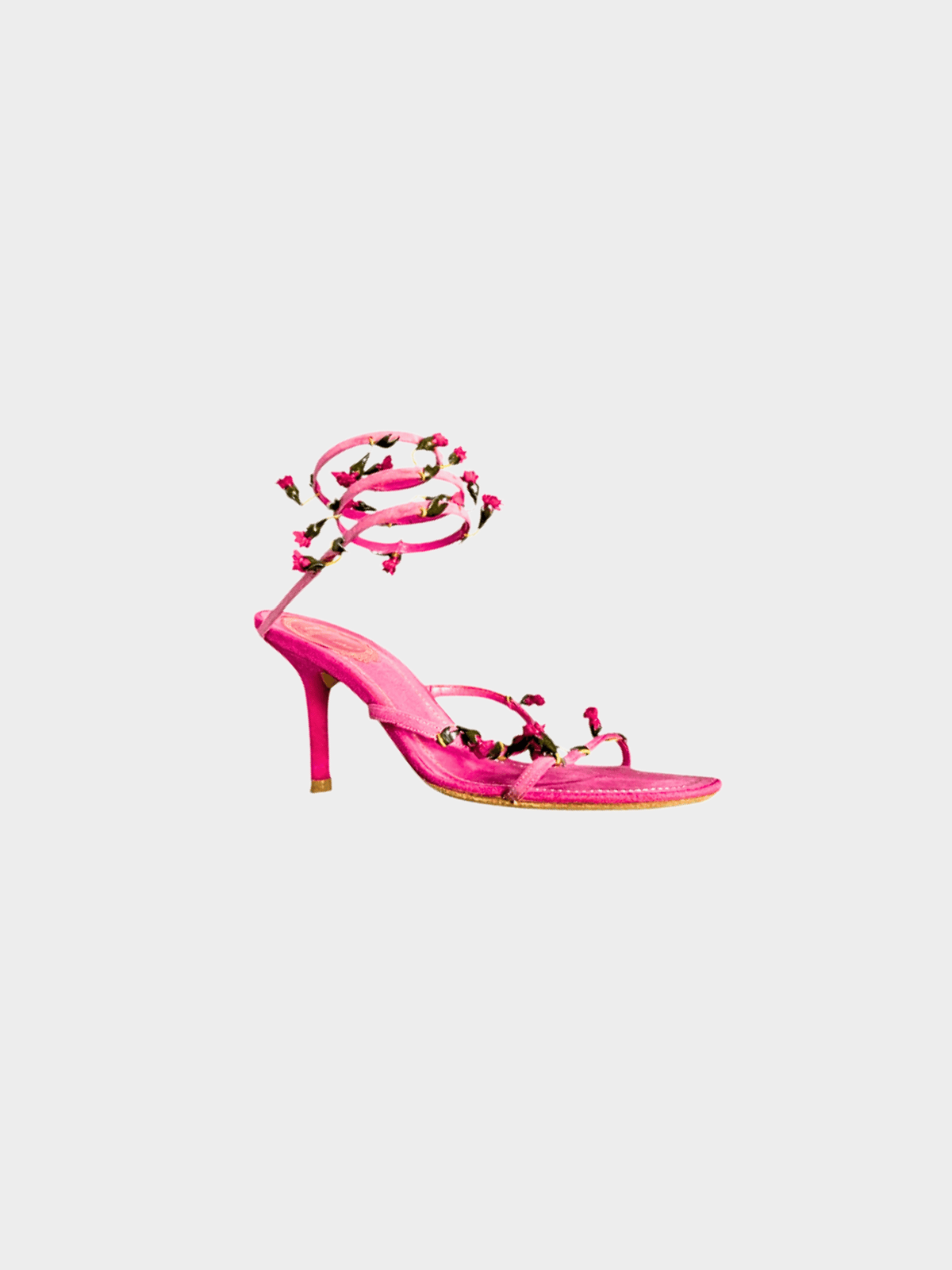 René Caovilla 2000s Pink Suede Wrap Around Floral Sandal Heels