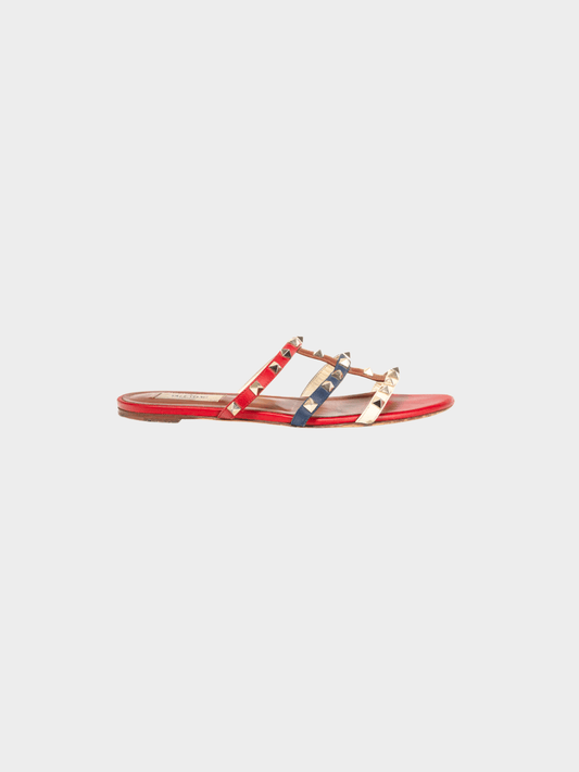 Valentino Garavani 2019 Navy, Red, and White Rockstud Flat Mule Sandals