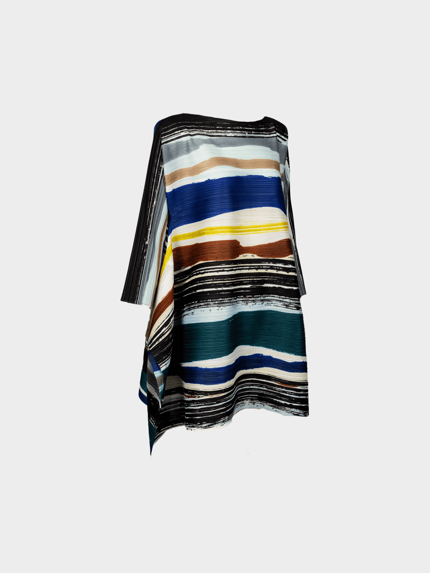 Issey Miyake 2000s Pleats Please Abstract Multicolor Striped Sculptural Pleated Mini Dress
