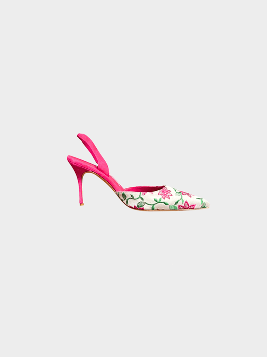 Manolo Blahnik 2000s Floral Pink Suede Slingback Heels