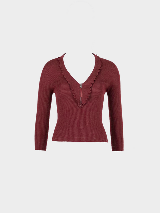 Prada SS 2000 Red Knit Cashmere Long Sleeve Top
