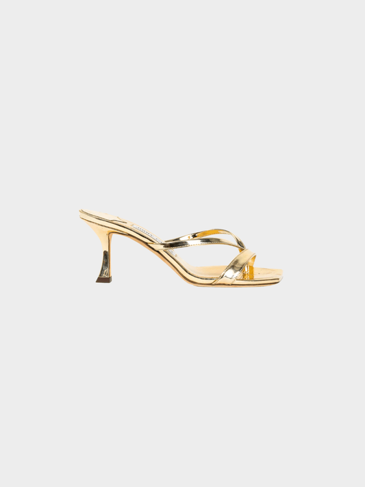 Jimmy Choo 2022 Maelie 70 Gold Patent Leather Square-Toe Thong Sandals