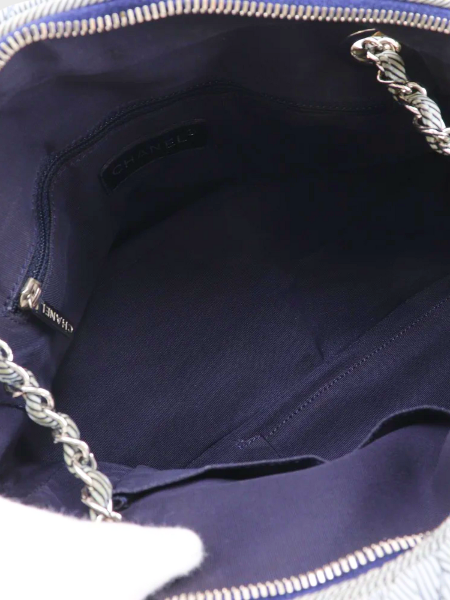 Chanel 2009 Grey Striped Nylon Quilt Chain Shoulder Bag