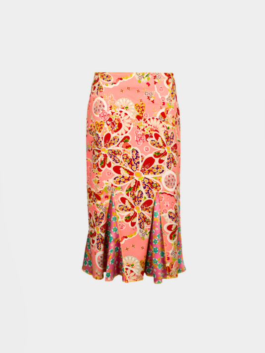 John Galliano 2000s Pink Floral Peplum Midi Skirt