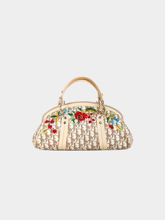 Christian Dior SS 2005 Beige Monogram Vintage Flowers Canvas Embroidered Bag