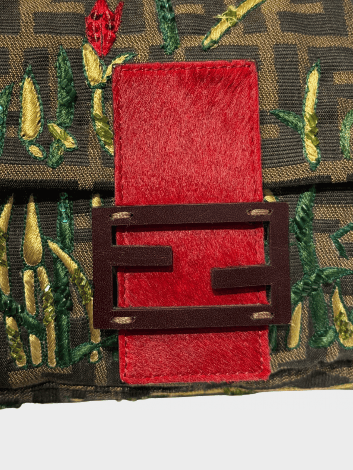 Fendi 2000s Brown Floral Embroidered Baguette Bg