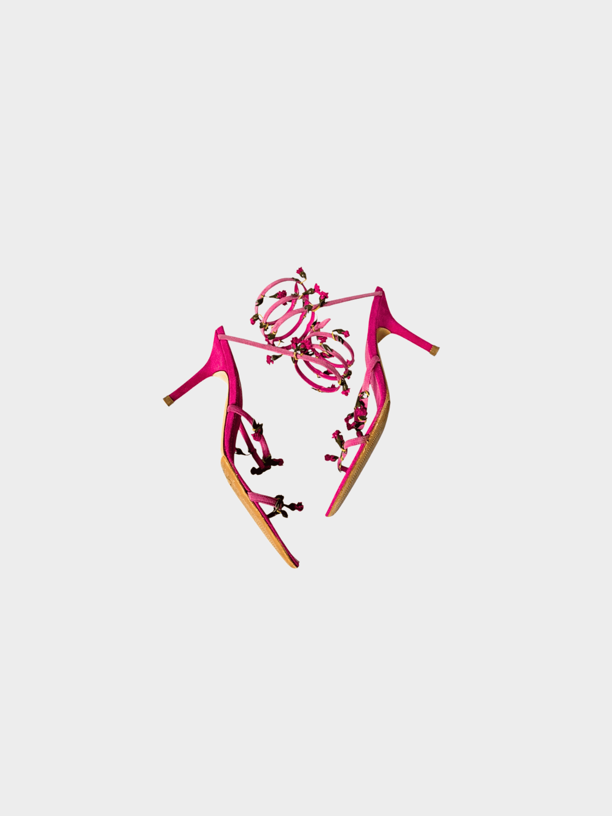 René Caovilla 2000s Pink Suede Wrap Around Floral Sandal Heels