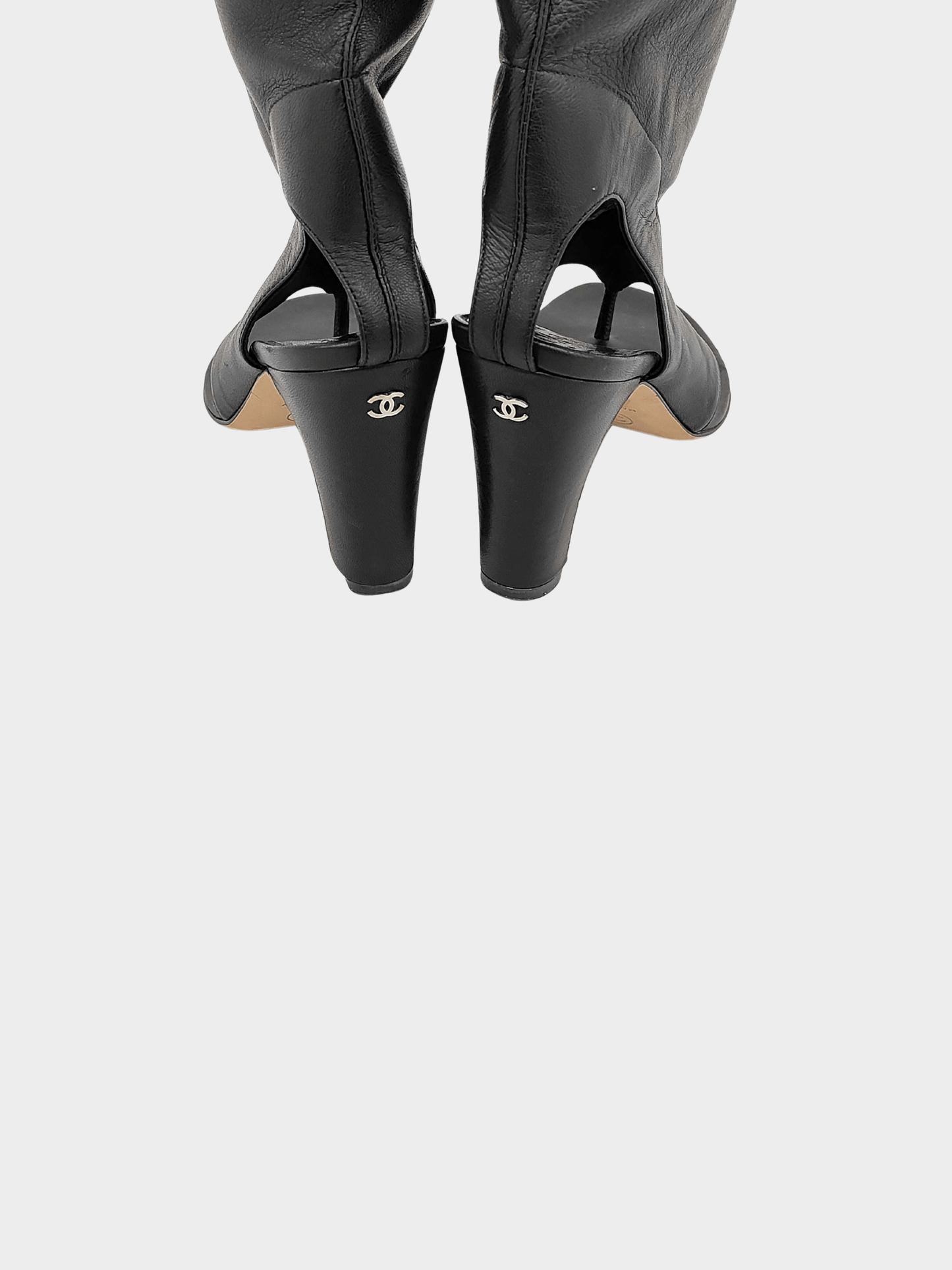 Chanel 2012 Runway Black Leather Knee High Thong Strap Boots