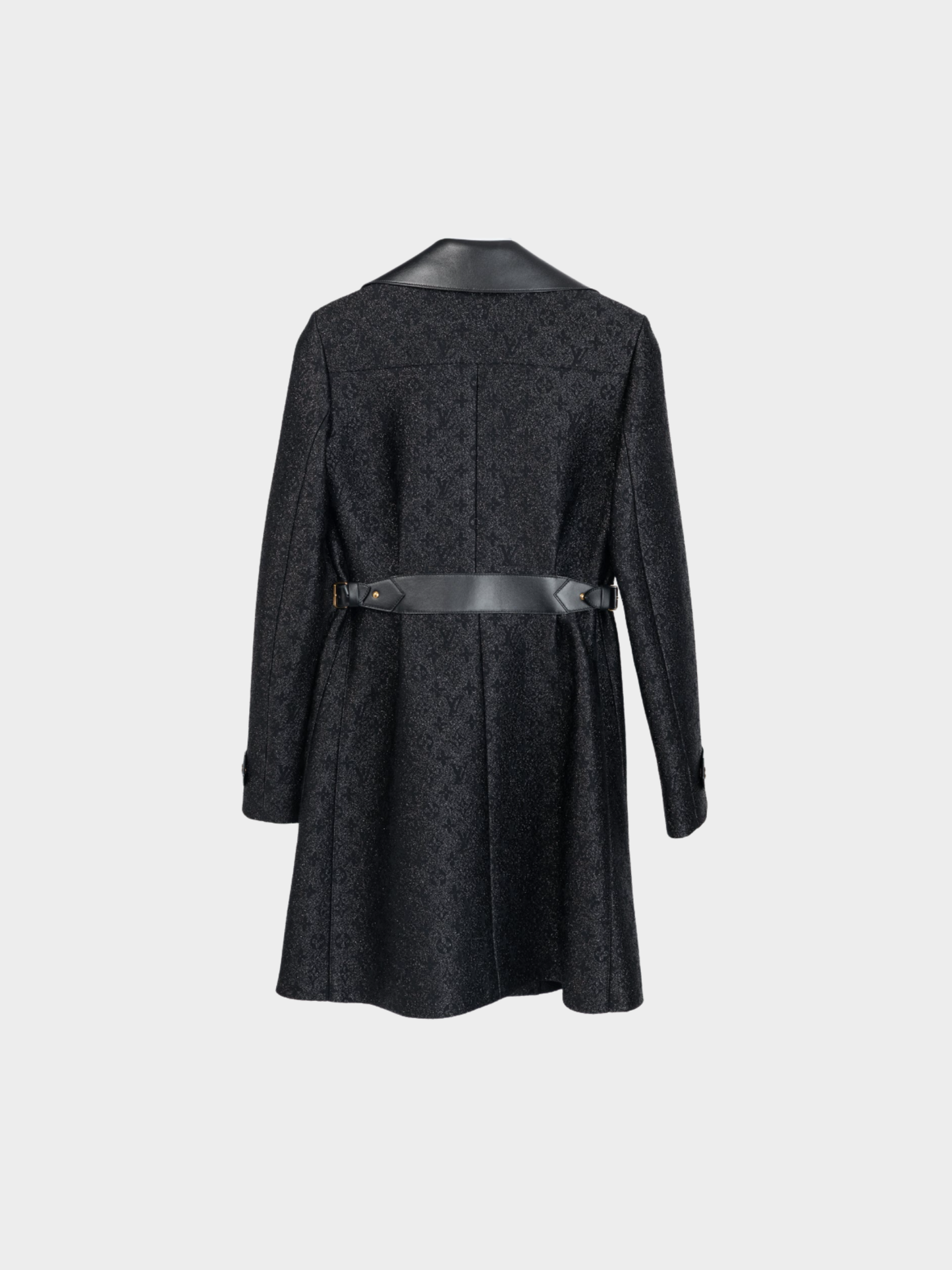 Louis Vuitton 2023 Black Monogram Wool Leather Insert A-Line Glitter Coat