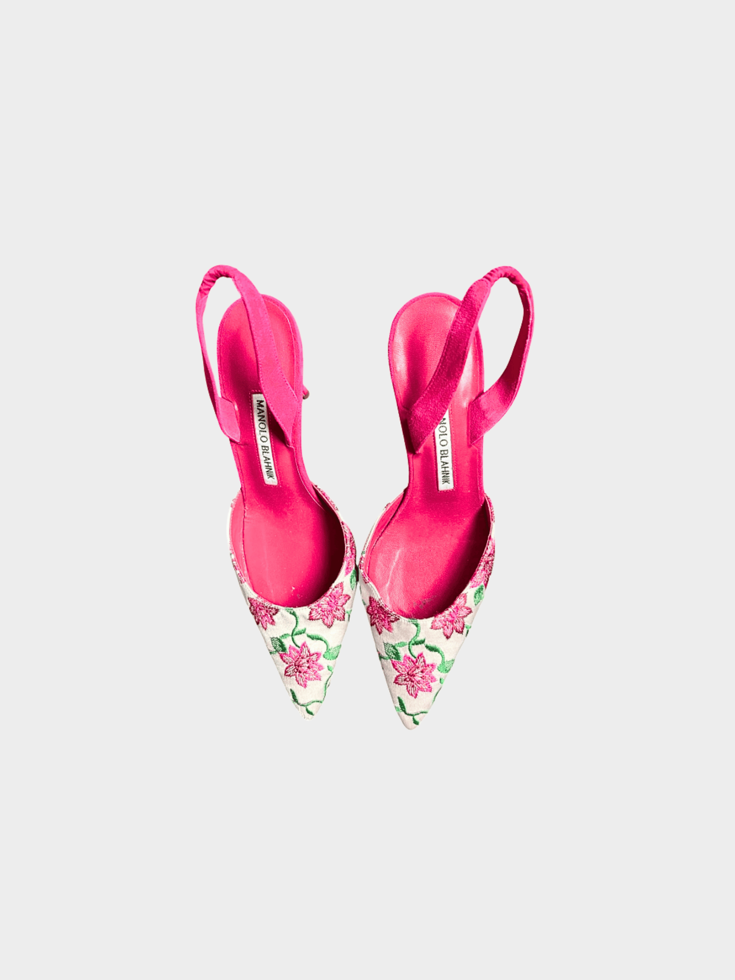 Manolo Blahnik 2000s Floral Pink Suede Slingback Heels