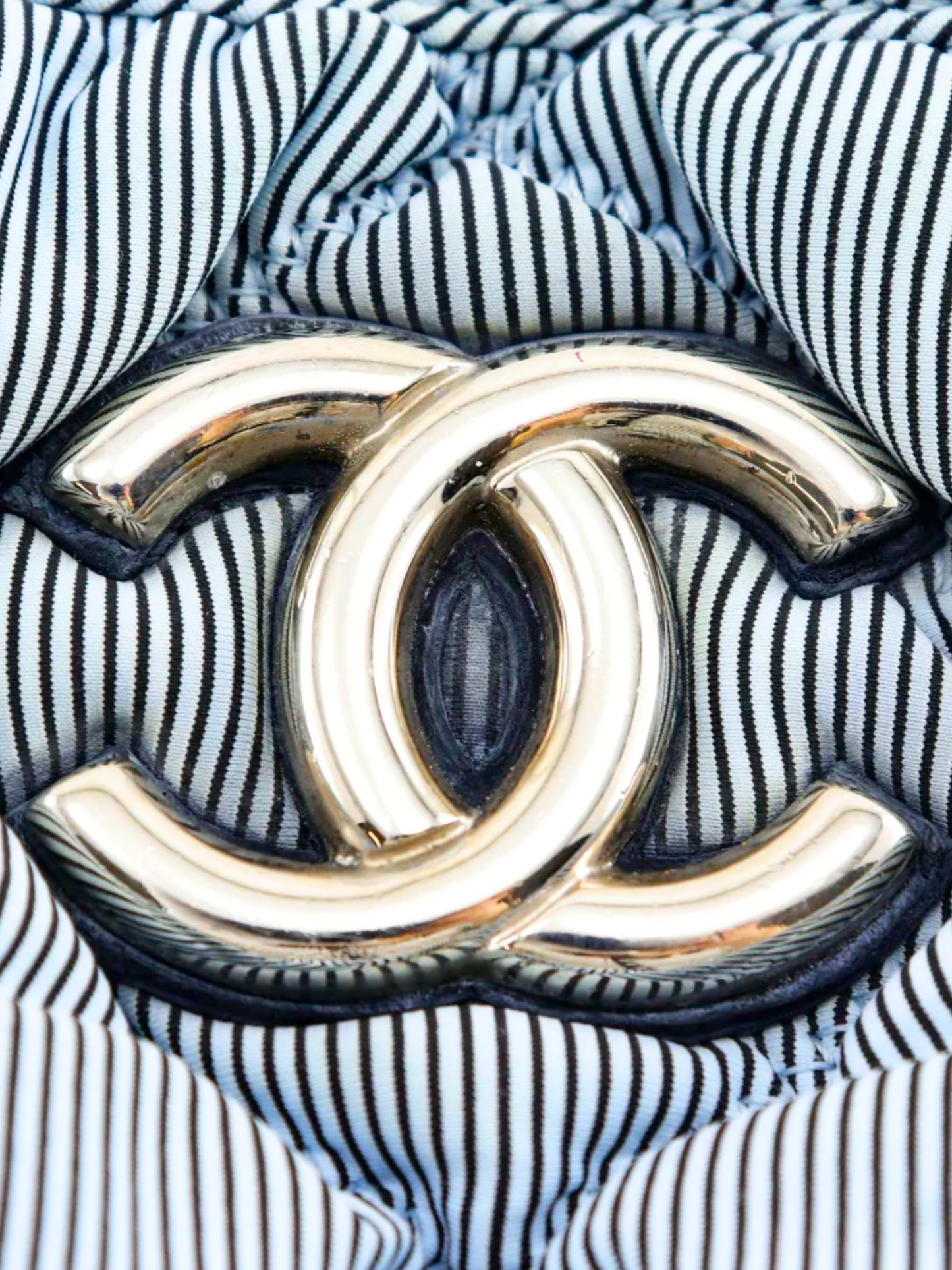 Chanel 2009 Grey Striped Nylon Quilt Chain Shoulder Bag