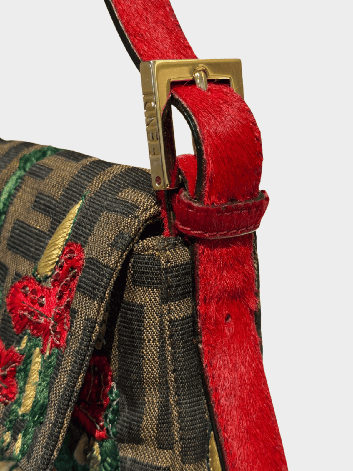 Fendi 2000s Brown Floral Embroidered Baguette Bg