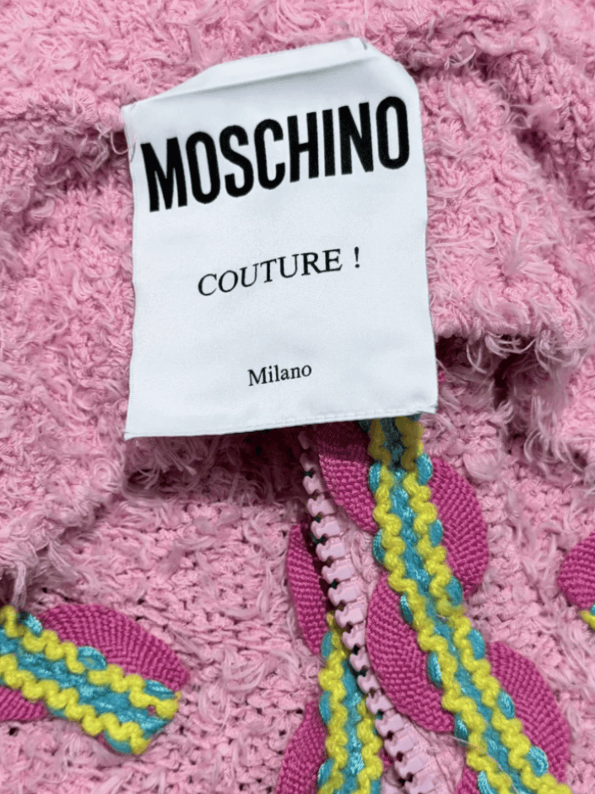 Moschino SS 2015 by Jeremy Scott Pink Bouclé Halter Zip Top