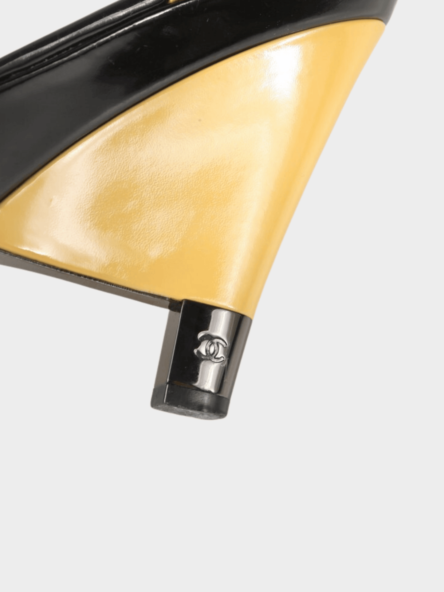Chanel 2000s Black and Beige Patent Leather Platform Wedges