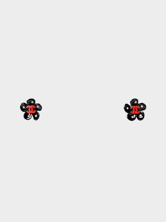 Chanel 2000s Black Camellia Flower Earrings