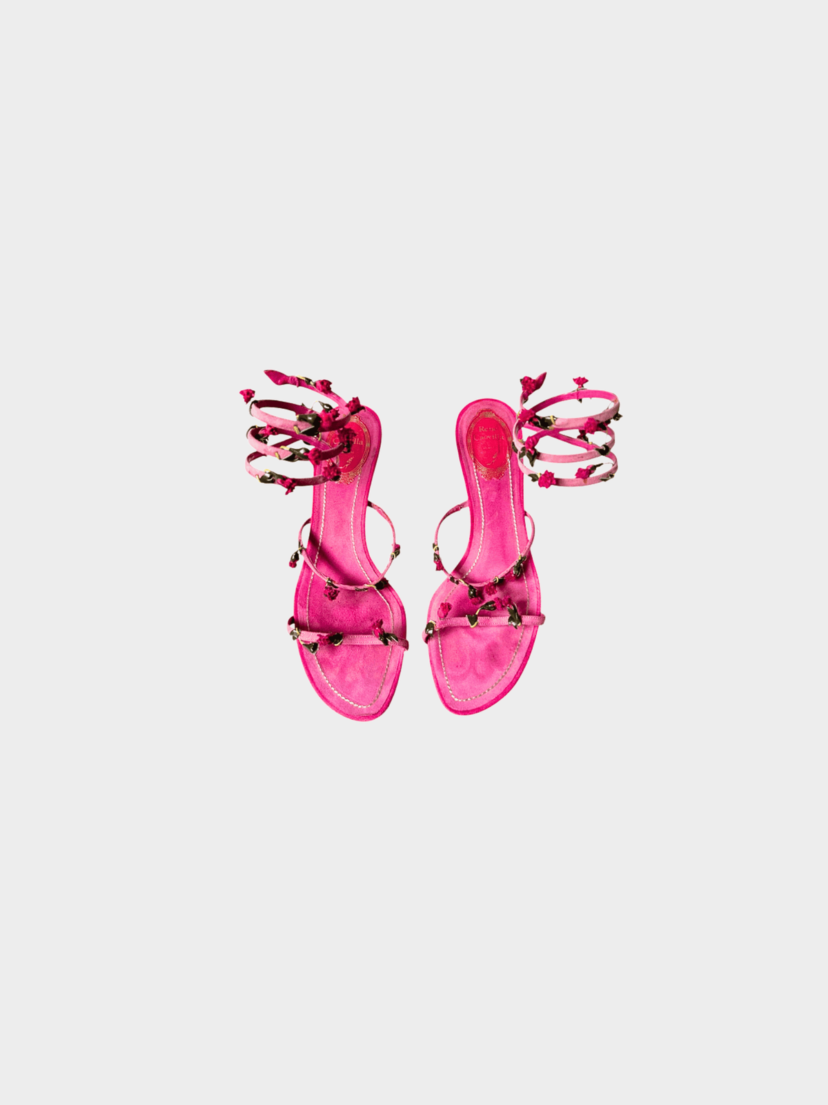 René Caovilla 2000s Pink Suede Wrap Around Floral Sandal Heels