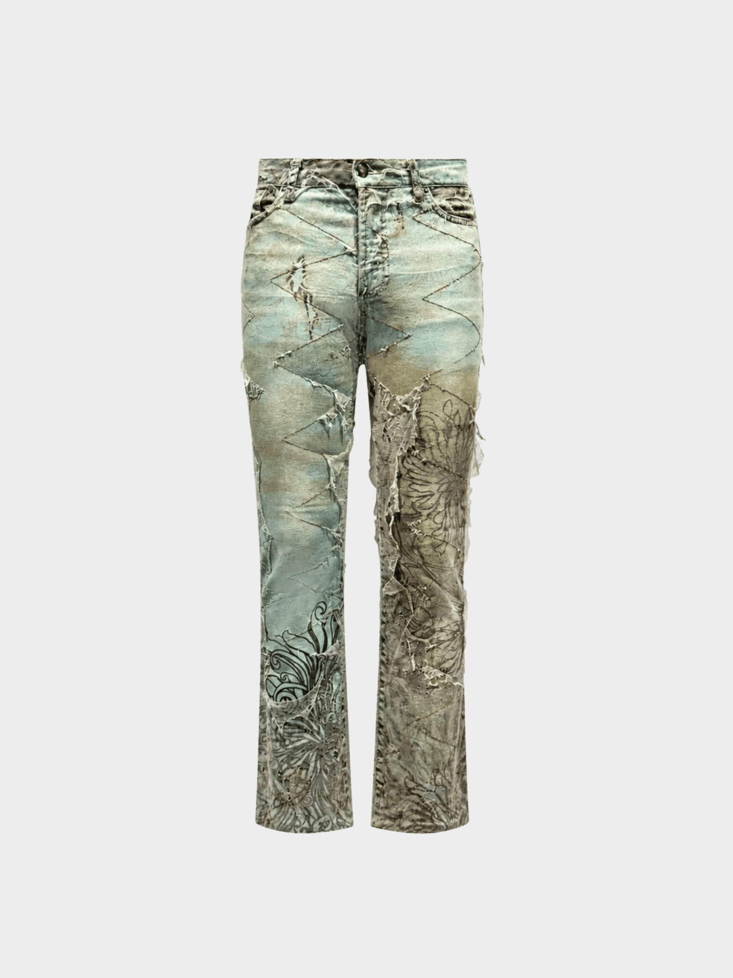 Roberto Cavalli 2000s Seafoam Distressed Printed Straight-Leg Jeans
