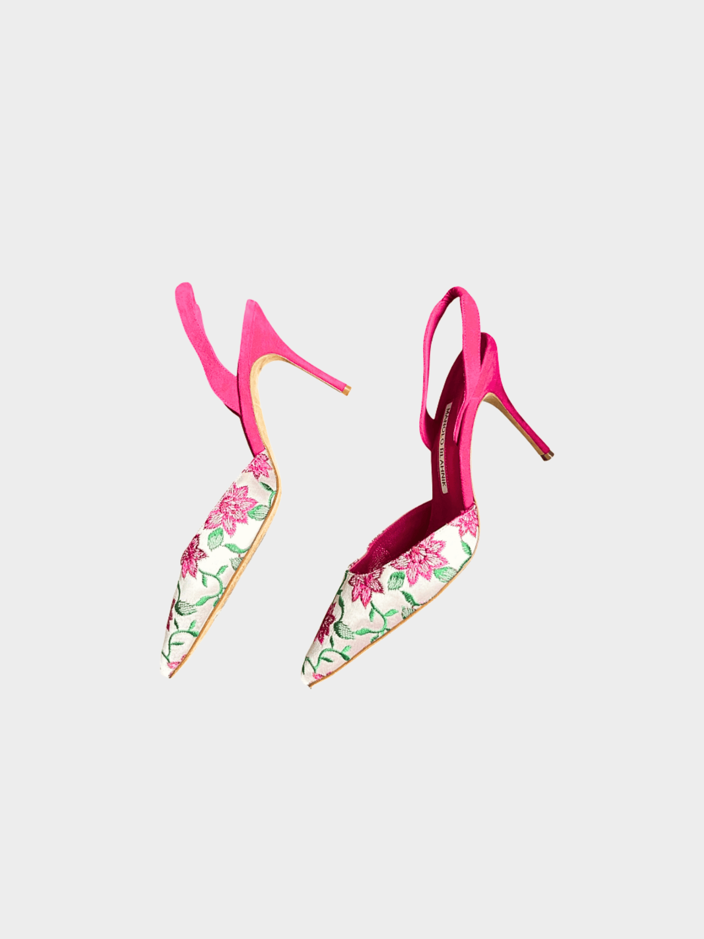 Manolo Blahnik 2000s Floral Pink Suede Slingback Heels