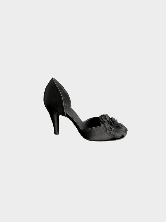 Chanel 2000s Black Satin Flower Bow CC Pumps